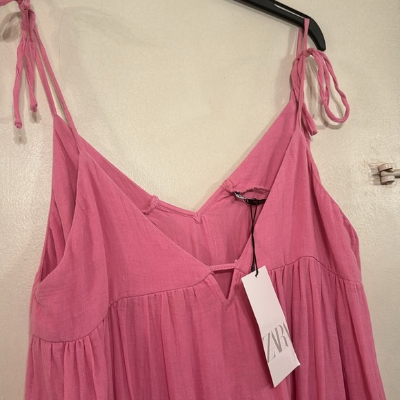 ZARA brand NEW with tags pink gauze cotton maxi dress with tie straps in Sz.L - Picture 2 of 9